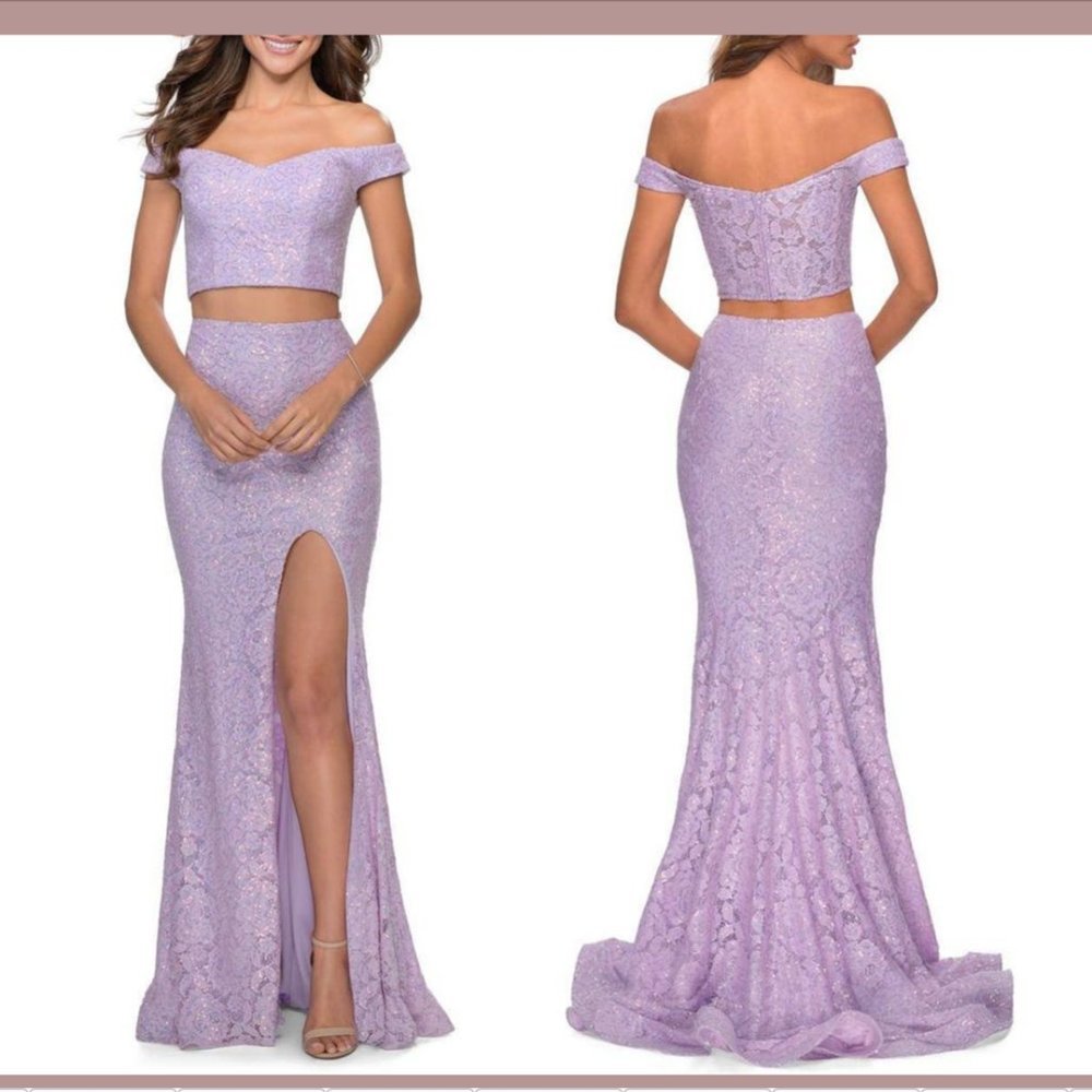 NEW $438 La Femme [ 8‎ ] Two Piece Sequin Lace Trumpet Gown in Lavender #Q291